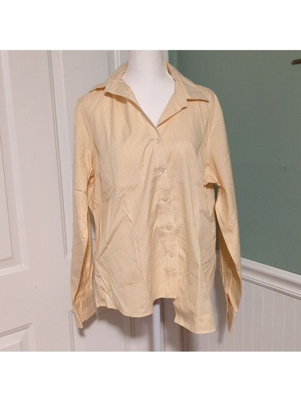 Lands End Women Oxford Shirt Yellow White Stripe 16 Petite